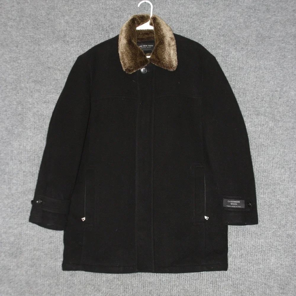 Andrew Marc New York Coat Mens XL Black‎ Cashmere Wool Blend Fur Lined Elegant